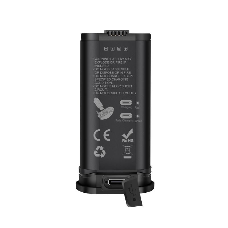 Zadná strana batérie Magicshine MJ-6552 pre ALLTY 2500S: kontakty, varovania, kontrolka nabíjania a port USB-C