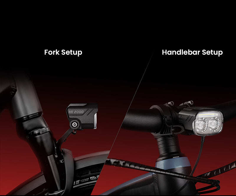 Magicshine ME 2000 V2.0 namontované na vidlici a na riadidlách elektrobicykla, dve možnosti montáže