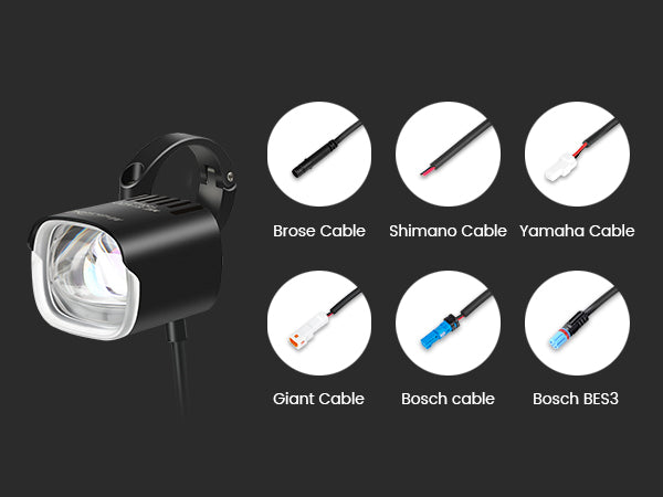 Šesť konektorov Brose, Shimano, Yamaha, Giant, Bosch a Bosch BES3 ku svetlu Magicshine ME StVZO 100LUX