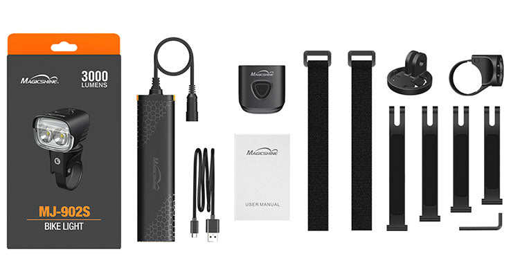 Obsah balenia Magicshine MJ-902S — svetlo, batéria 7000 mAh, kábel micro-USB, držiak, popruhy a kľúč