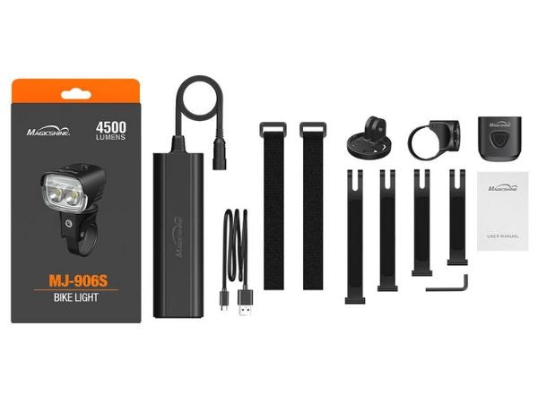 Obsah balenia Magicshine MJ-906S &mdash; svetlo, batériový modul, držiak na riadidlá, úchyt GoPro, popruhy, káble, kľúč a návod