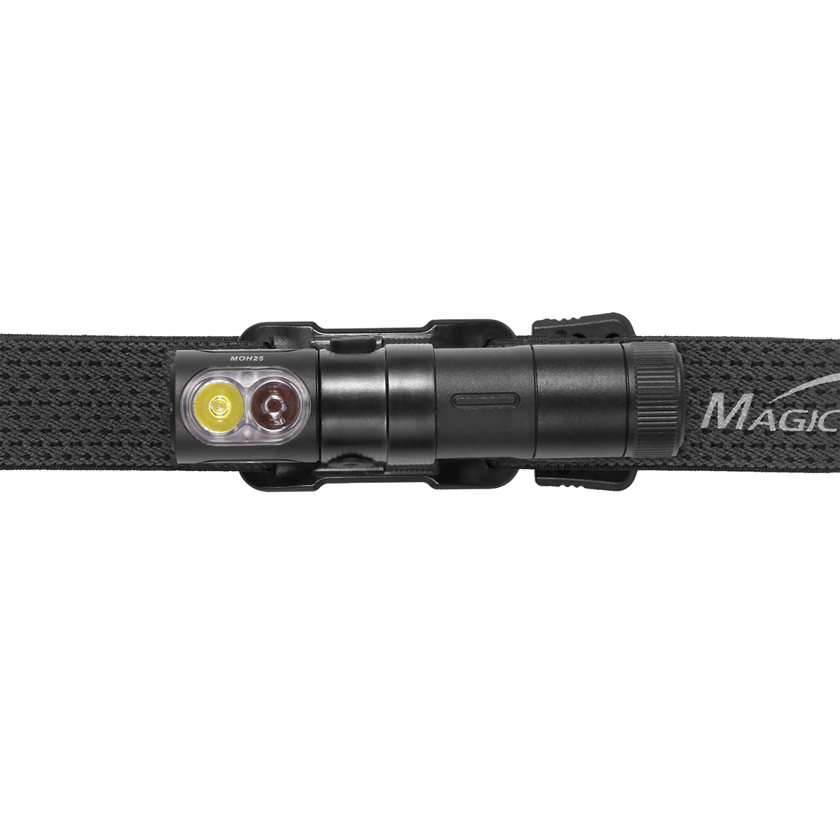 Čelný detail Magicshine MOH 25 &mdash; dve LED vedľa seba pod spoločným sklom, vľavo biela CREE XP-G3, vpravo červená XQ-E