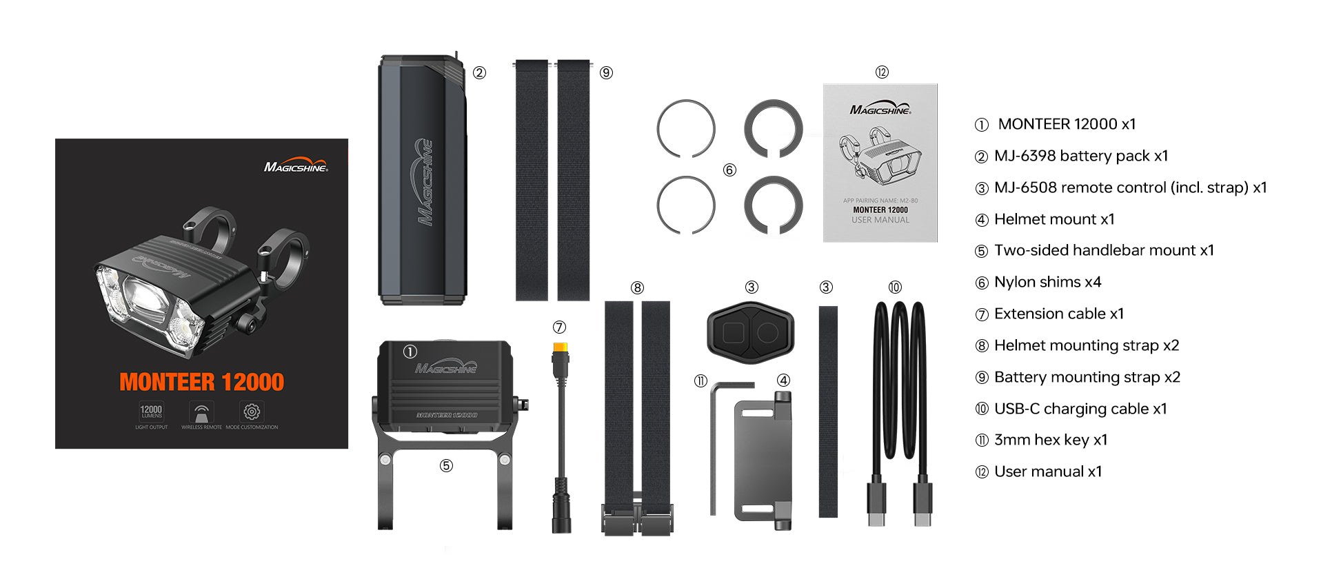 Obsah balenia Magicshine MONTEER 12000 — svietidlo, batéria MJ-6398, ovládač MJ-6508, dva držiaky, popruhy, podložky, káble a kľúč