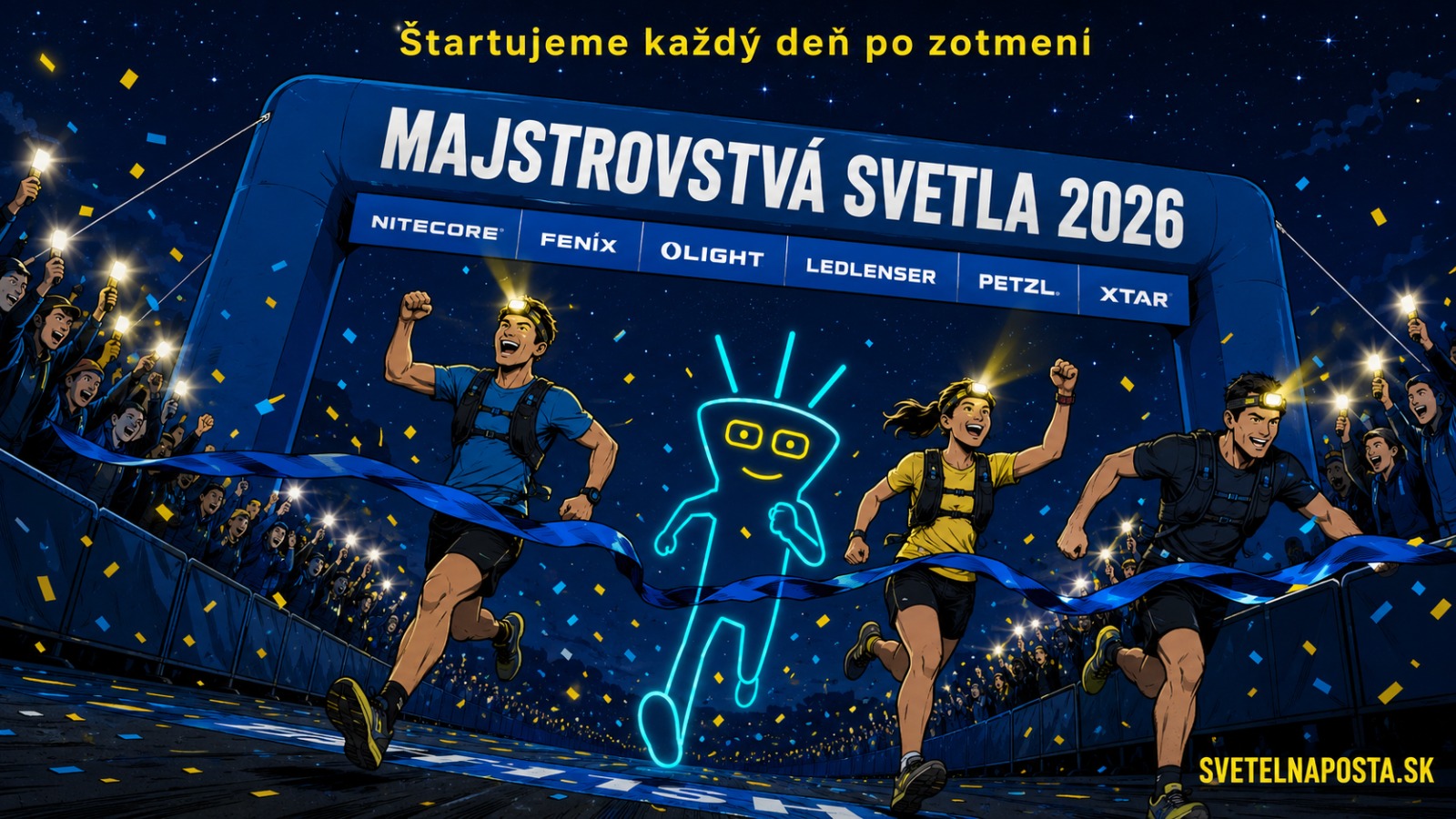 Majstrovstvá svetla 2026 — bežci s čelovkami prebiehajú cieľovou bránou, komunita SvetelnáPošta.sk
