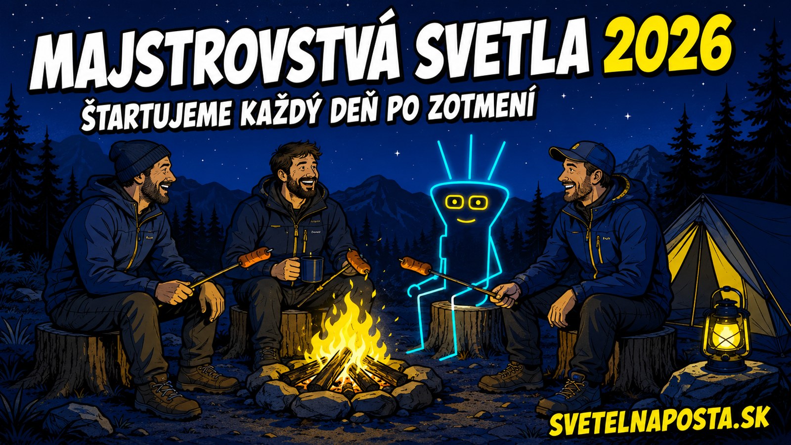 Majstrovstvá svetla — priatelia pri ohni v noci s lampášom, komunita SvetelnáPošta.sk