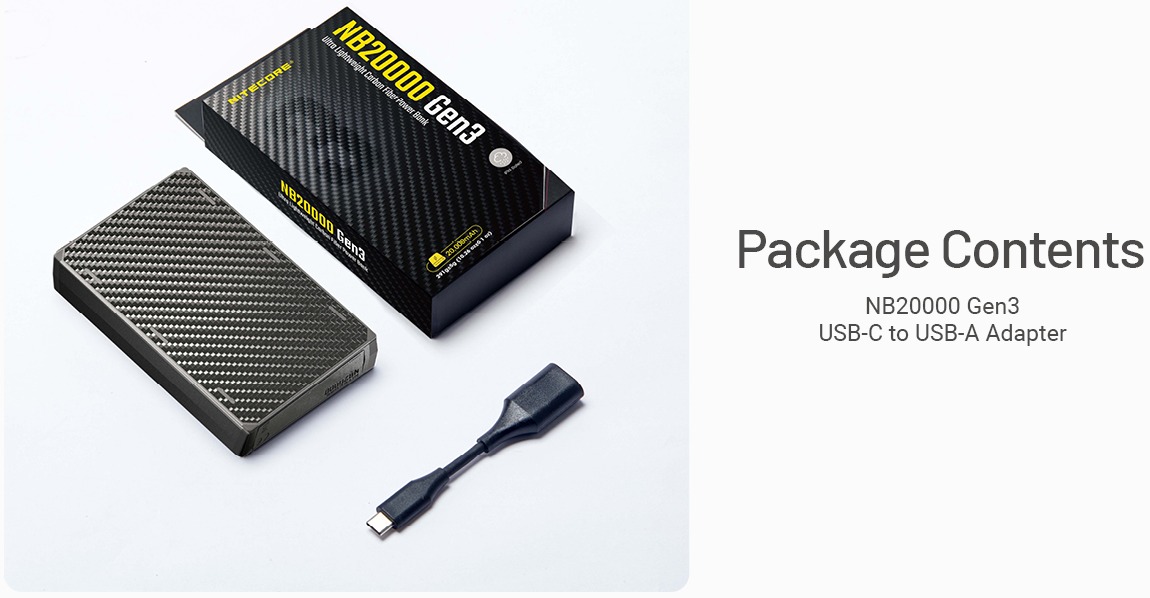 Nitecore NB20000 Gen3 obsah balenia — karbónová powerbanka a adaptér USB-C na USB-A vedľa krabice