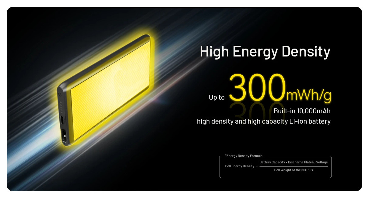 Nitecore NB Plus Li-ion článok — energetická hustota až 300 mWh/g pri kapacite 10 000 mAh