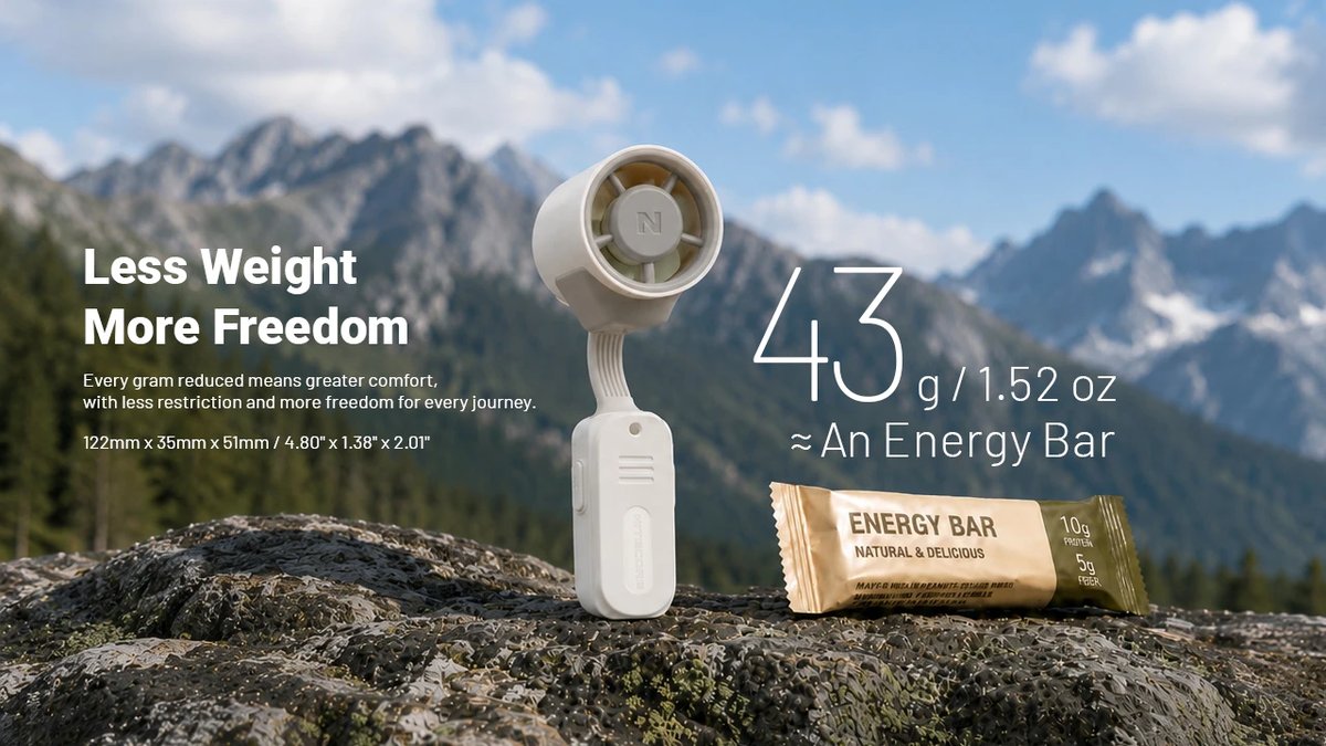 Nitecore NCF20 váži 43 gramov ako energetická tyčinka — rozmery 122 × 35 × 51 mm, menej váhy pre viac slobody