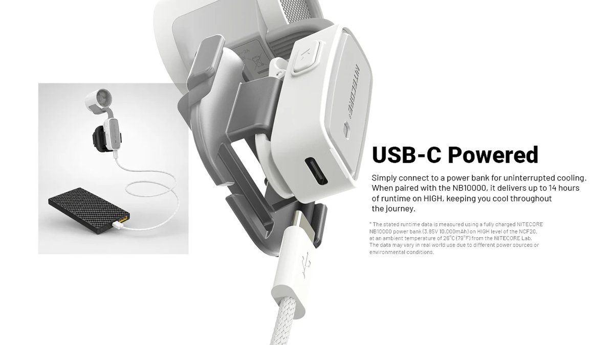 Nitecore NCF20 napájanie cez USB-C z powerbanky — s NITECORE NB10000 fúka až 14 hodín na najvyšší stupeň