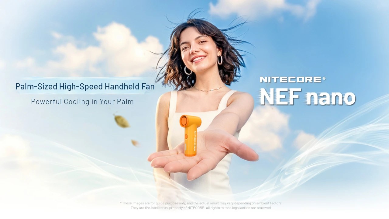 Nitecore NEF nano vreckový vysokorýchlostný ventilátor v dlani ženy, oranžová farba