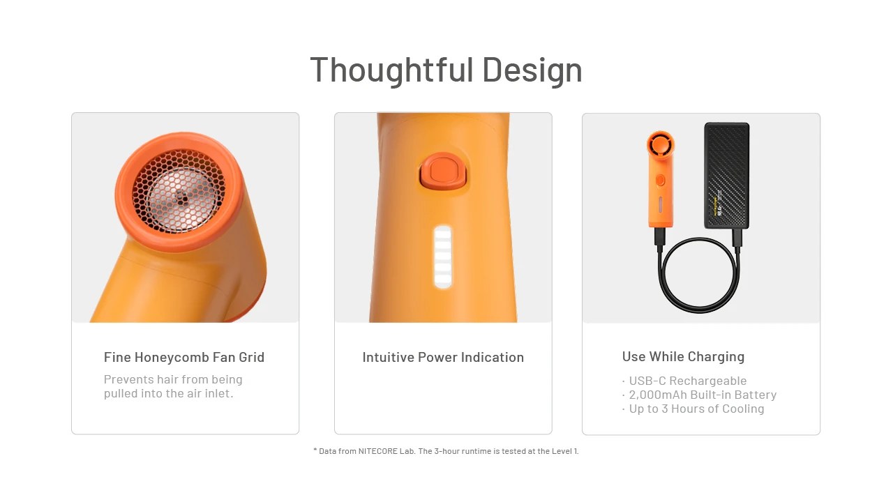 Nitecore NEF nano voštinová mriežka proti vlasom, USB-C nabíjanie batérie 2000 mAh a použitie počas nabíjania