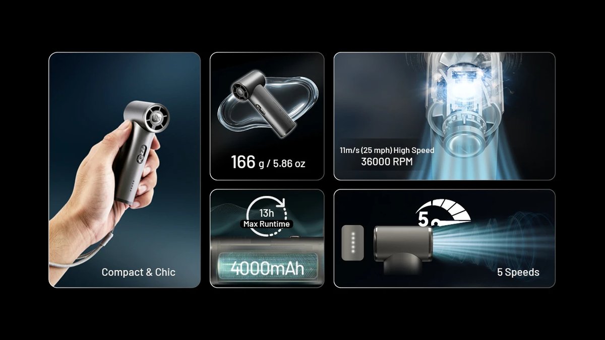 Nitecore NEF01 ženie vzduch rýchlosťou až 11 m/s cez aerodynamický turbínový kanál na rýchle osvieženie