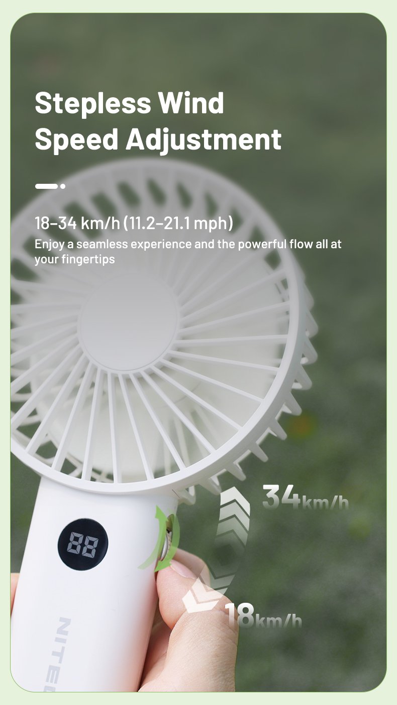 Nitecore NEF03 s plynulou bezstupňovou reguláciou rýchlosti vzduchu od 18 do 34 km/h ovládanou kolieskom na rukoväti