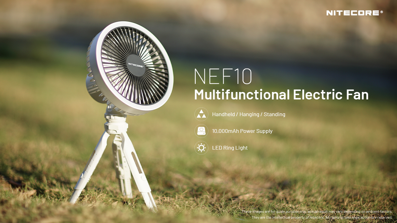 Nitecore NEF10 — stolný 3v1 ventilátor s powerbankou a LED svetlom na statíve, ideál na kemping