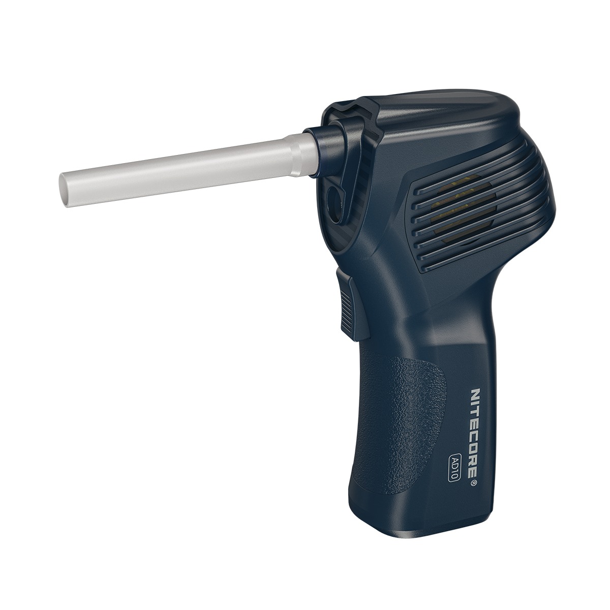 NITECORE AD10 bezkáblový elektrický air duster, tmavomodré telo v tvare pištole s nasadenou svetlosivou tryskou