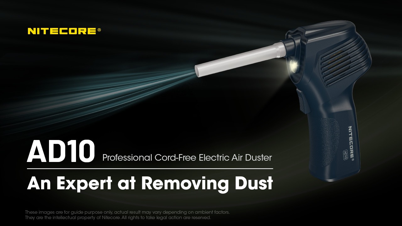 NITECORE AD10 air duster vyfukuje prúd vzduchu z dlhej trysky, pri ústí svieti LED, claim An Expert at Removing Dust