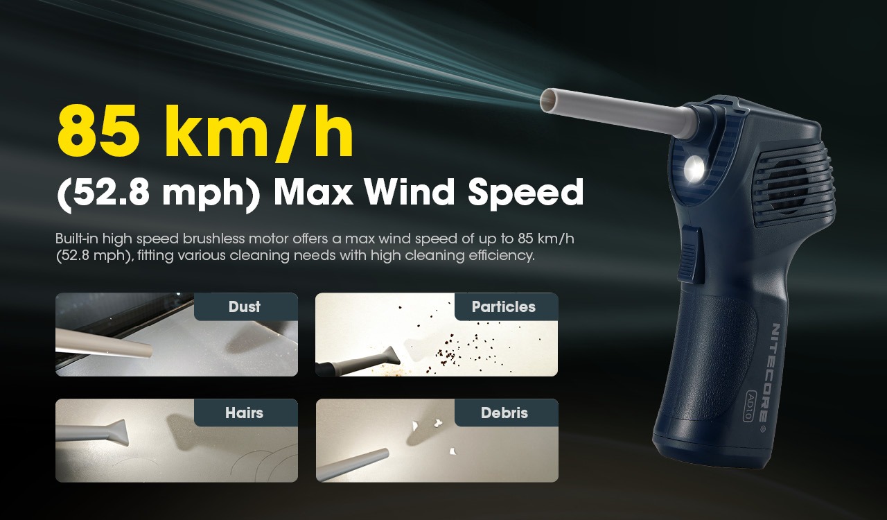 NITECORE AD10 odfukuje prach, čiastočky, vlasy aj drobný odpad maximálnou rýchlosťou vzduchu 85 km/h