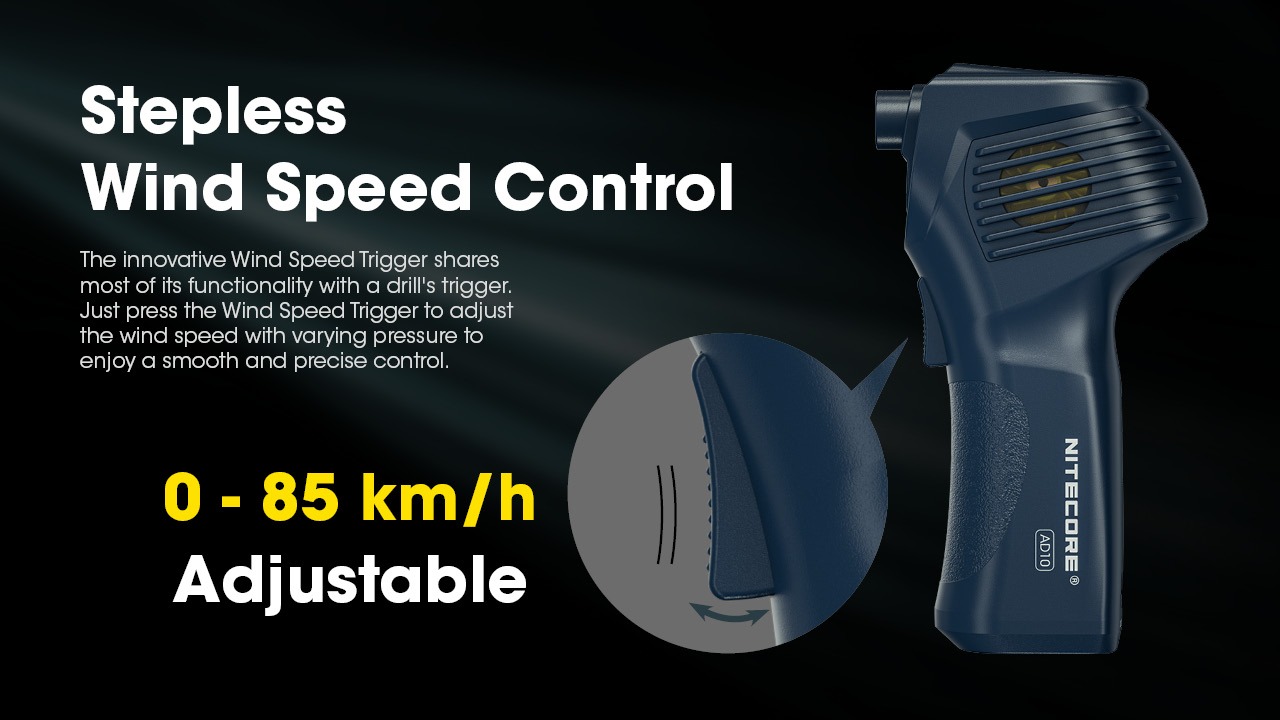 Plynulá spúšť NITECORE AD10 nastaví rýchlosť vzduchu od 0 do 85 km/h podľa sily stlačenia, ako u vŕtačky