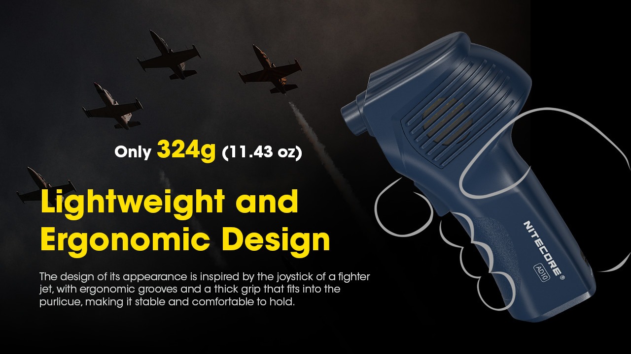 Ergonómia NITECORE AD10 s hmotnosťou 324 g, tvar rukoväte inšpirovaný joystickom stíhačky, obrys dlane