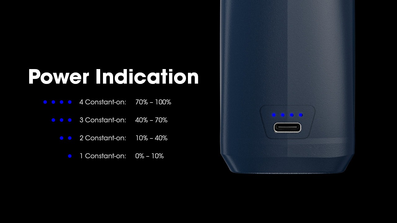 Indikácia stavu akumulátora NITECORE AD10 — štyri modré diódy nad portom USB-C v spodku rukoväte