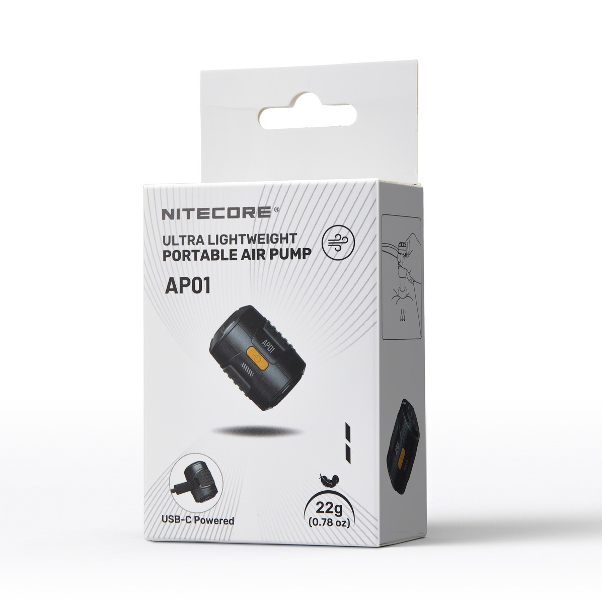 Obsah balenia NITECORE AP01 — pumpa, päť trysiek, kábel USB-C na USB-C a látkové puzdro s logom značky