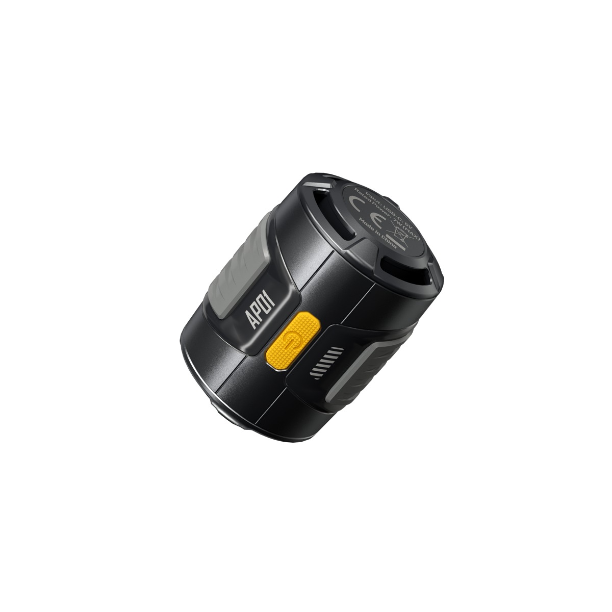 NITECORE AP01 ultraľahká elektrická pumpa, čierne telo z polykarbonátu so žltým tlačidlom a portom USB-C
