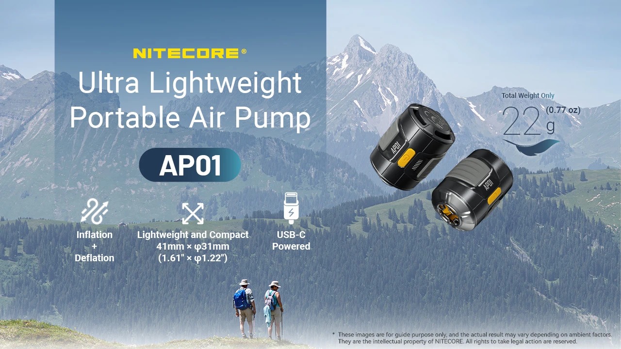 NITECORE AP01 pumpa v horskej scenérii s údajmi 22 g, 41 × 31 mm, USB-C a ikonami nafukovania aj odsávania