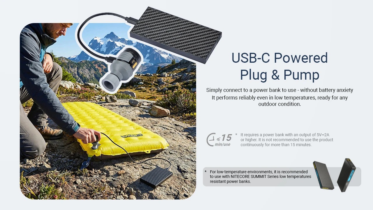 NITECORE AP01 pripojená káblom USB-C k powerbanke pri karimatke v horách, limit 15 minút a vstup 5 V 2 A