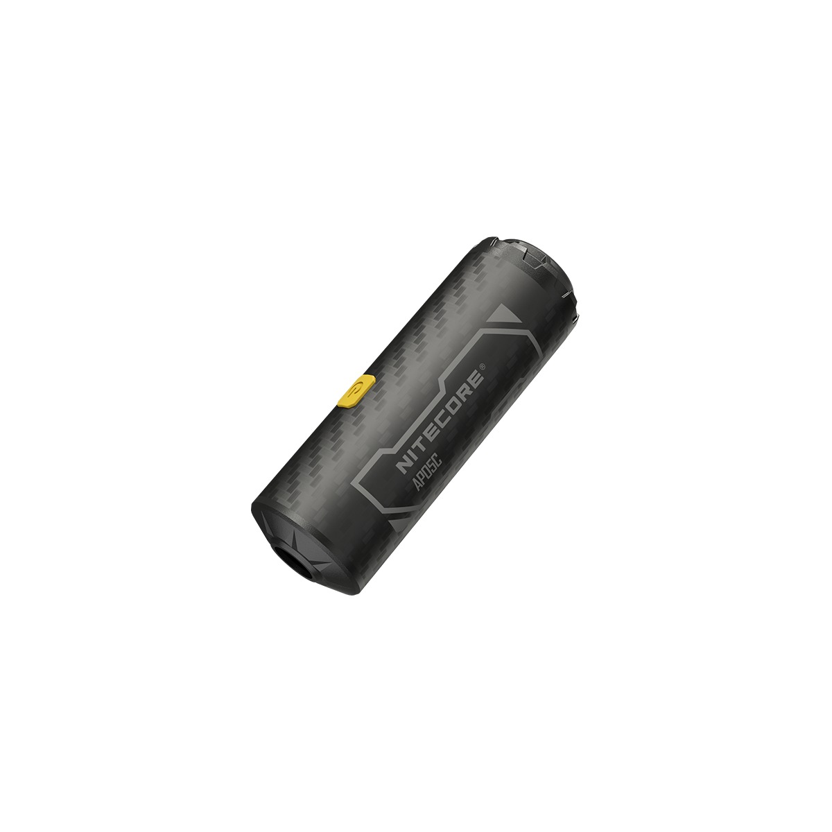 NITECORE AP05C ultraľahká elektrická pumpa s karbónovým telom a žltým tlačidlom na bielom pozadí