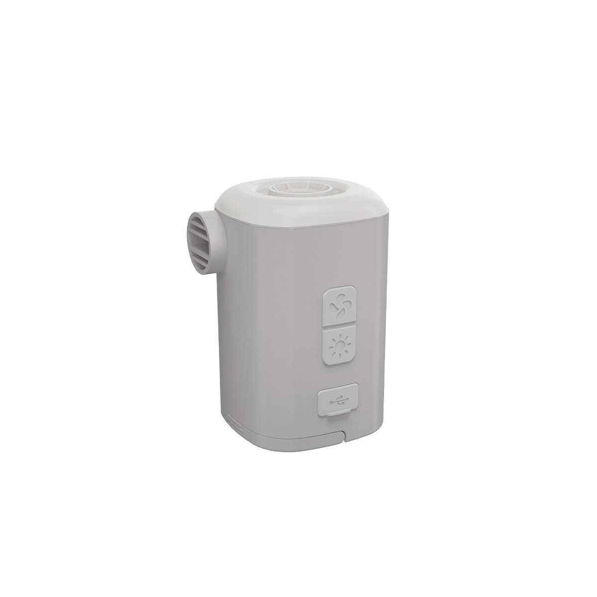NITECORE AP10 elektrická pumpa so svetlom, svetlosivé telo s nátrubkom, tlačidlami pumpy a svetla a portom USB-C