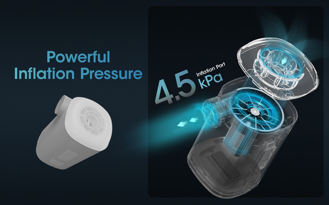Rez telom NITECORE AP10 s modro svietiacou turbínou a nafukovacím portom s tlakom 4,5 kPa
