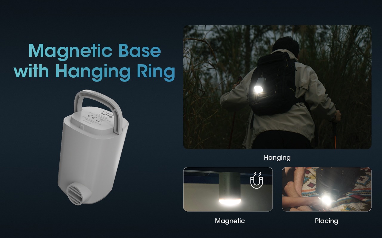 NITECORE AP10 zavesená na batohu, prichytená magnetom a položená na deke — tri spôsoby uchytenia