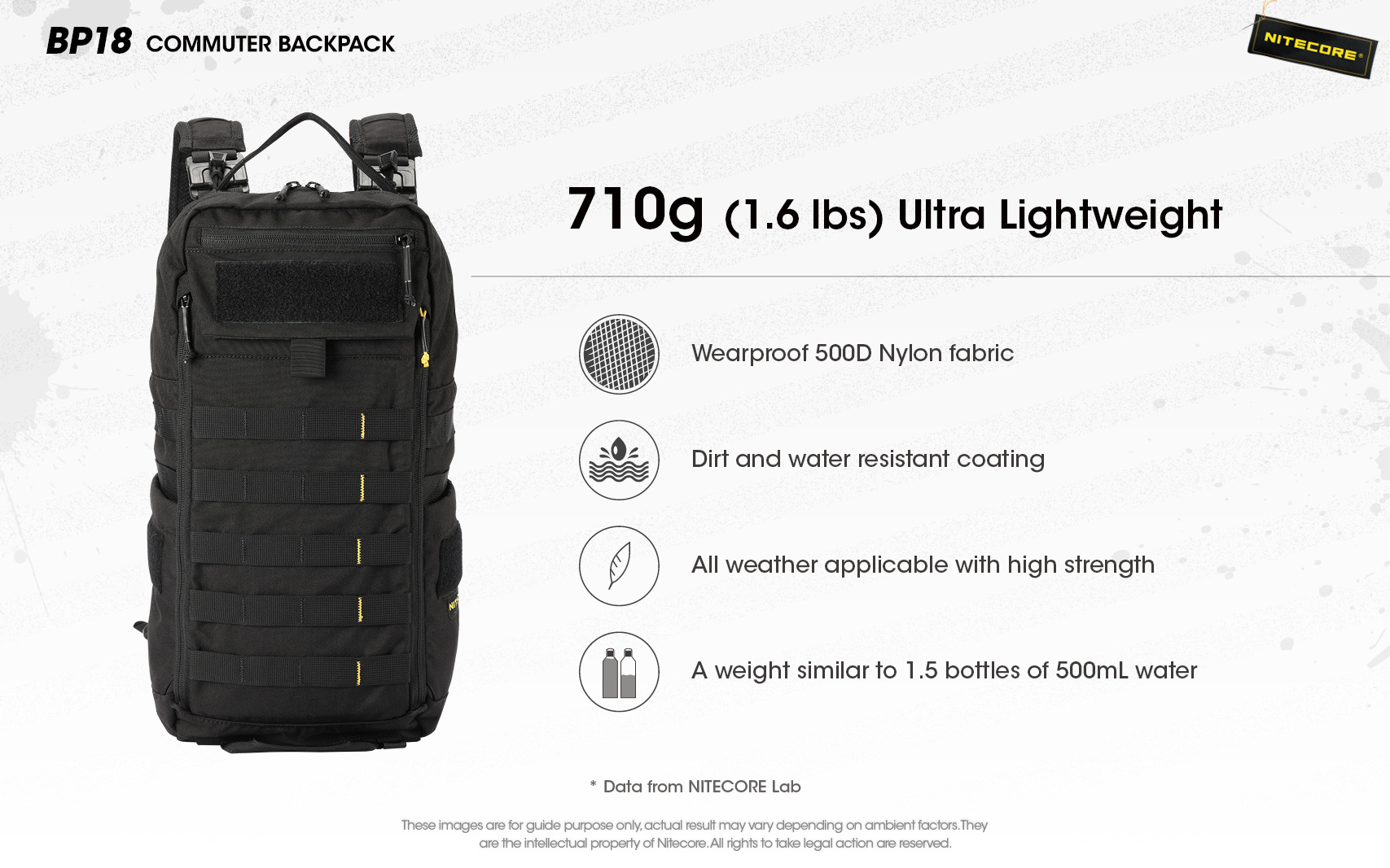 NITECORE BP18 váži 710 g a je z oderuvzdorného 500D nylonu s úpravou odolnou voči špine a vode