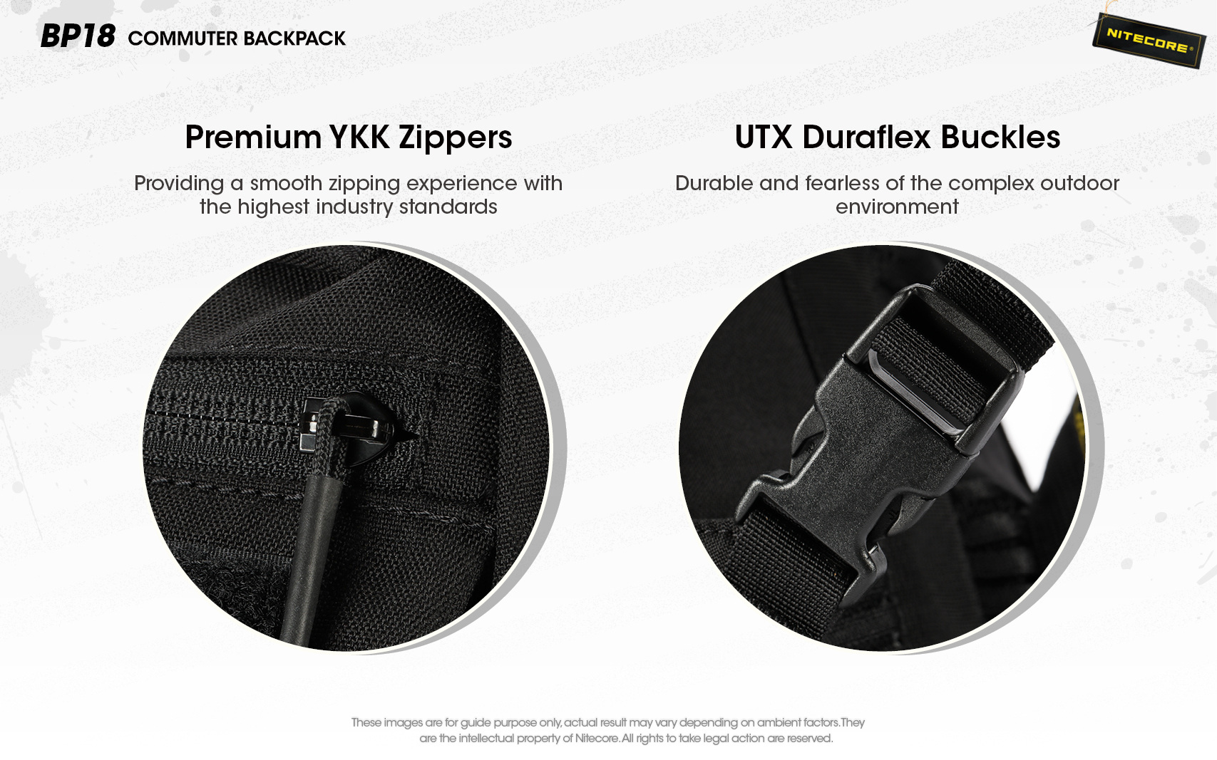 Zipsy YKK a pracky UTX Duraflex na batohu NITECORE BP18 — makro detail zipsu s jazýčkom a plastovej pracky