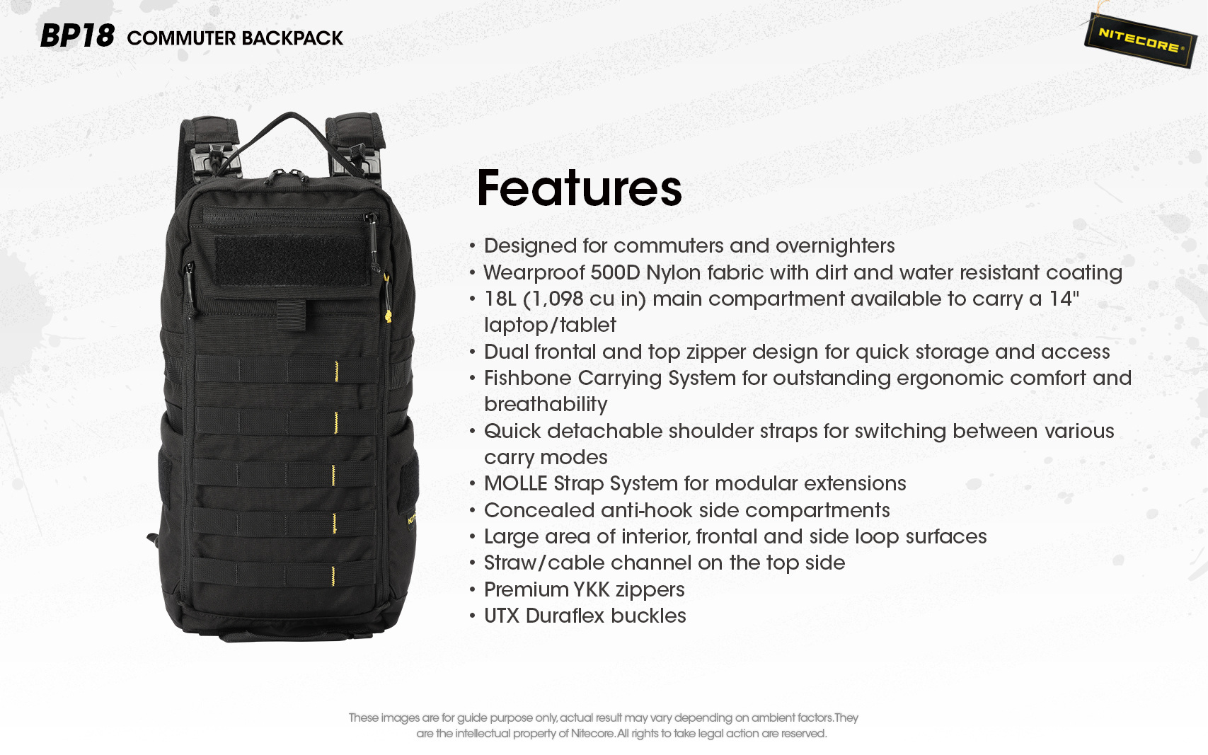 Zoznam vlastností batoha NITECORE BP18 podľa výrobcu — 500D nylon, 18 l, 14″ notebook, Fishbone systém, YKK a UTX Duraflex