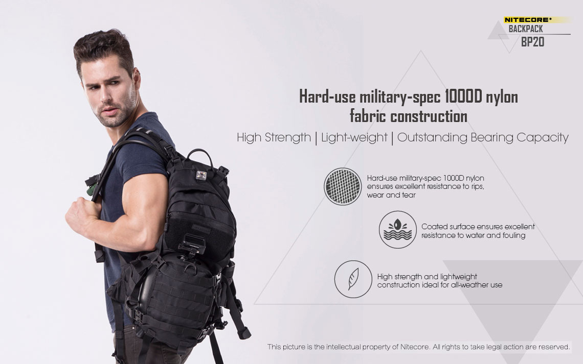 Nitecore BP20 — infografika výrobcu k materiálu: 1000D nylon, povrch odolný vode a znečisteniu, nízka hmotnosť