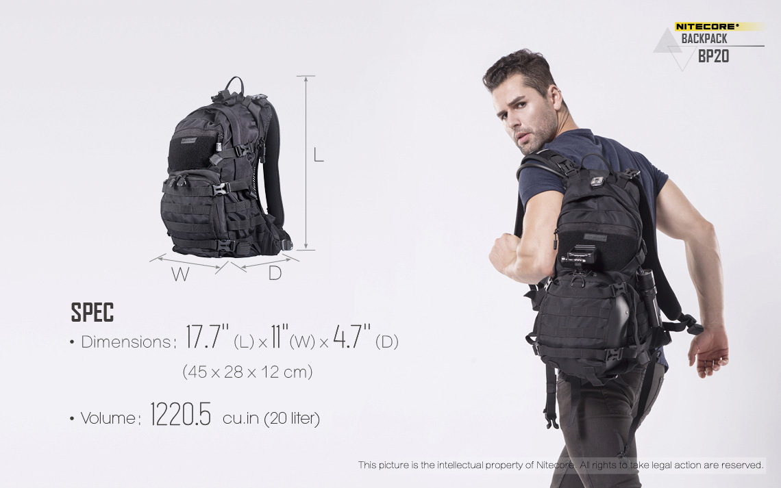 Nitecore BP20 — kótovaný nákres výrobcu s rozmermi 45 × 28 × 12 cm a objemom 20 litrov