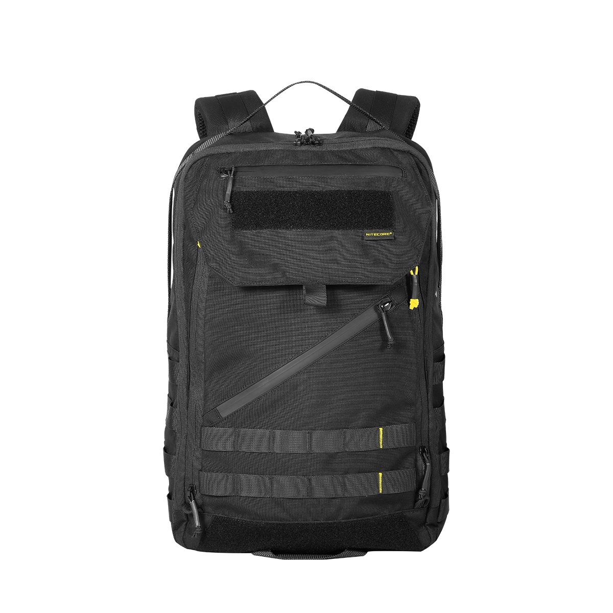 Nitecore BP23 Pro čierny multifunkčný batoh 23 litrov spredu — horná priehradka, MOLLE popruhy a suchý zips na nášivku