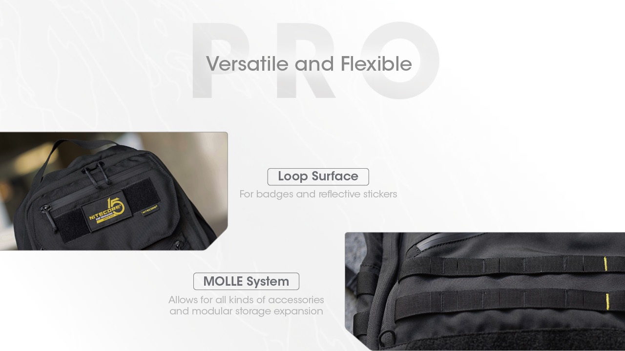 Nitecore BP23 Pro čelný MOLLE systém a plocha so suchým zipsom na nášivky a reflexné samolepky