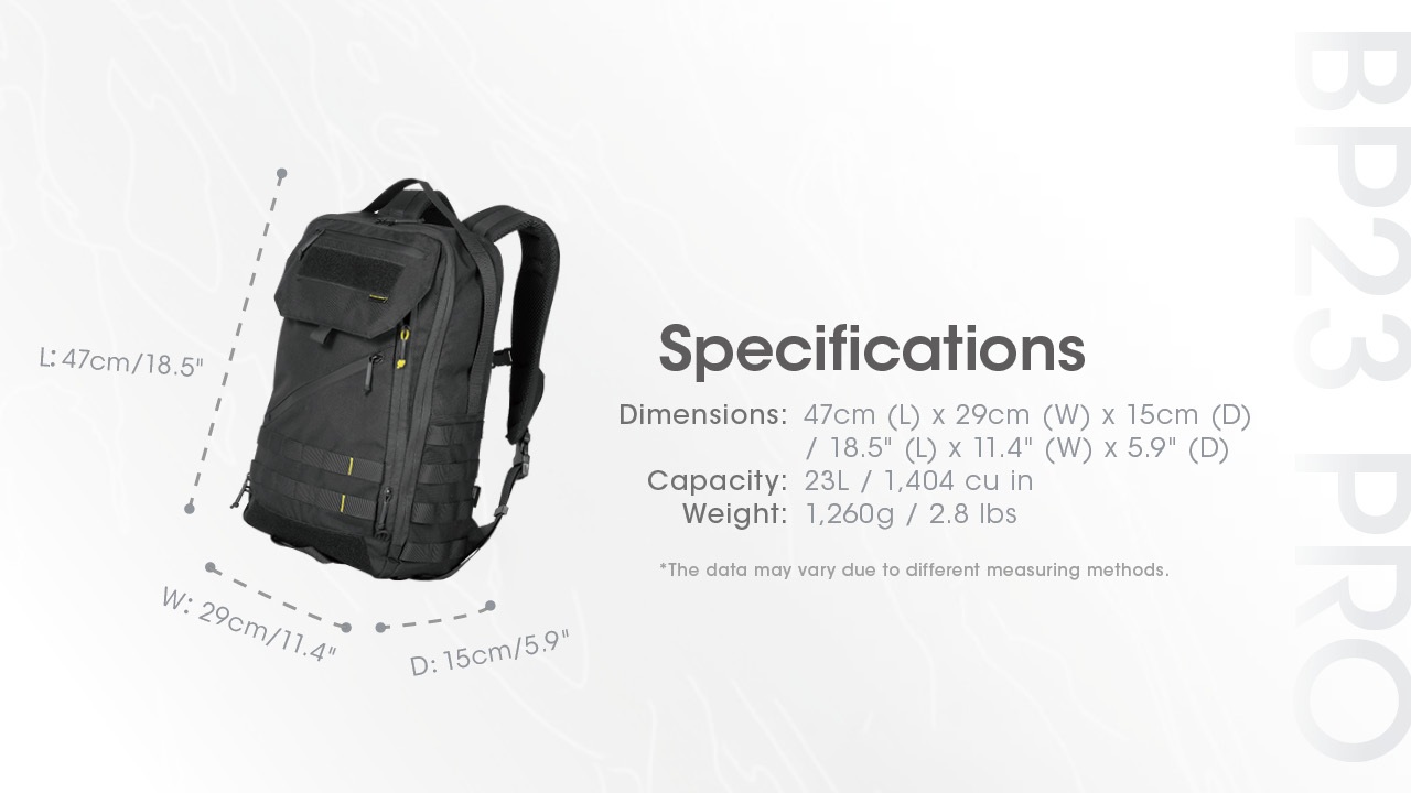 Nitecore BP23 Pro rozmery 47 × 29 × 15 cm, objem 23 litrov a hmotnosť 1 260 gramov na nákrese