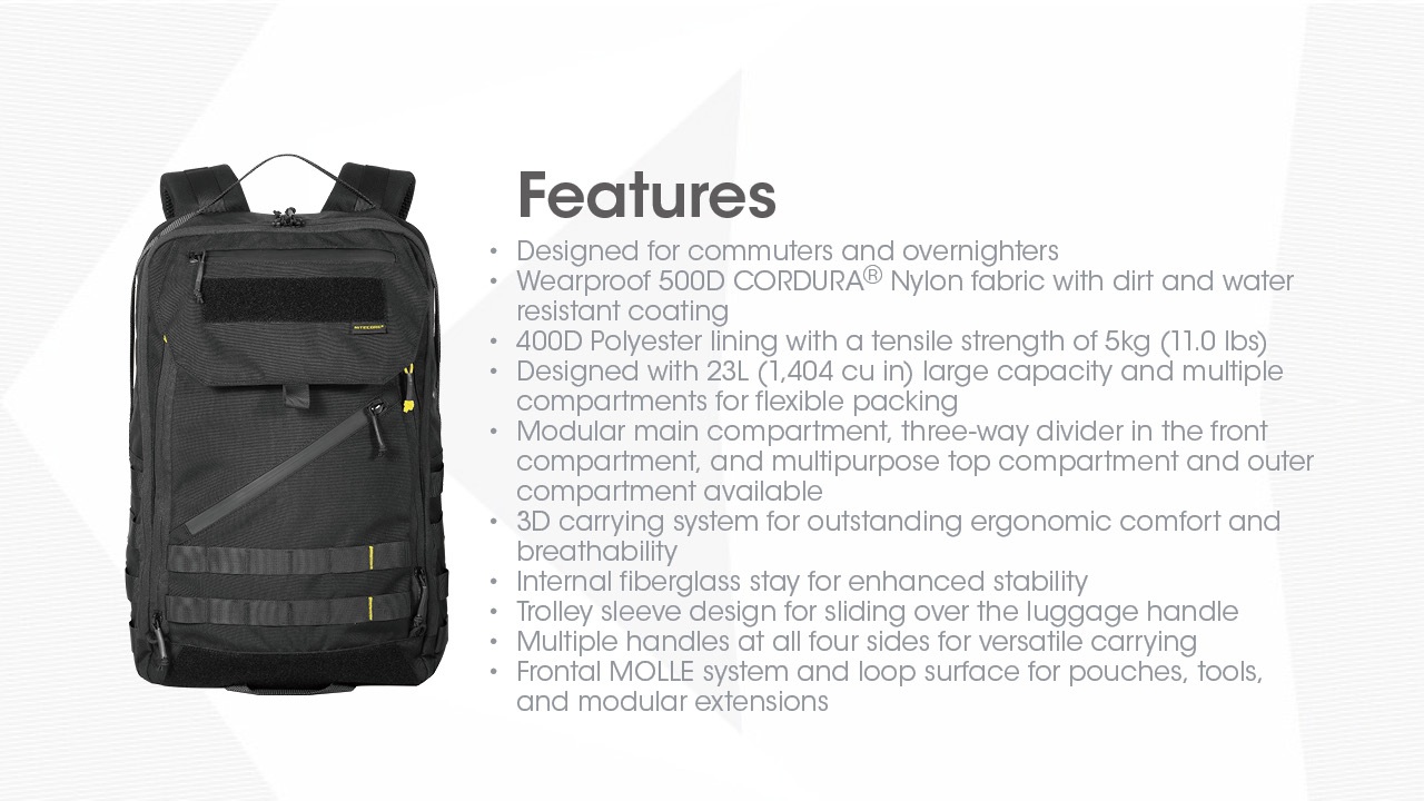 Nitecore BP23 Pro kompletný zoznam vlastností od výrobcu — materiály, priehradky, nosný systém a MOLLE