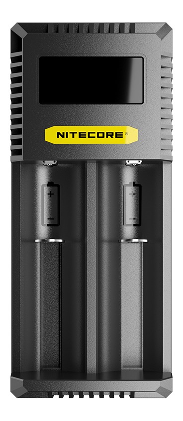 NITECORE Ci2 spredu – dvojslotová nabíjačka s okienkom indikátorov, žltým logom a dvoma prázdnymi slotmi