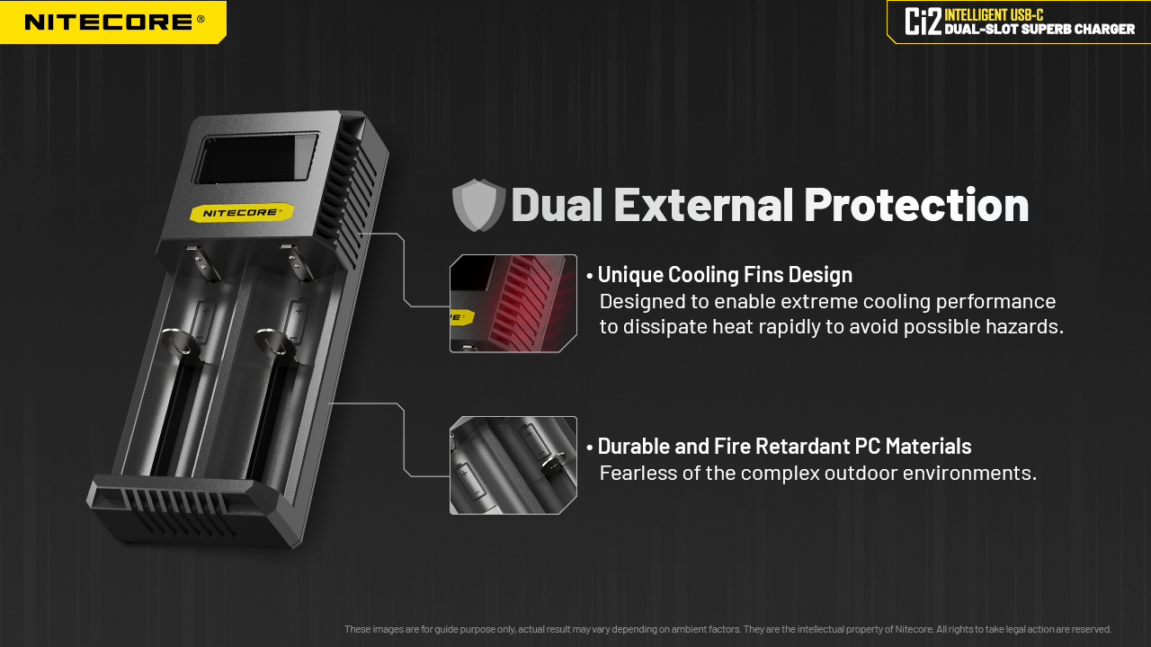 NITECORE Ci2 s detailom chladiacich rebier a slotov – odvod tepla a kryt z odolného PC, ktorý spomaľuje horenie
