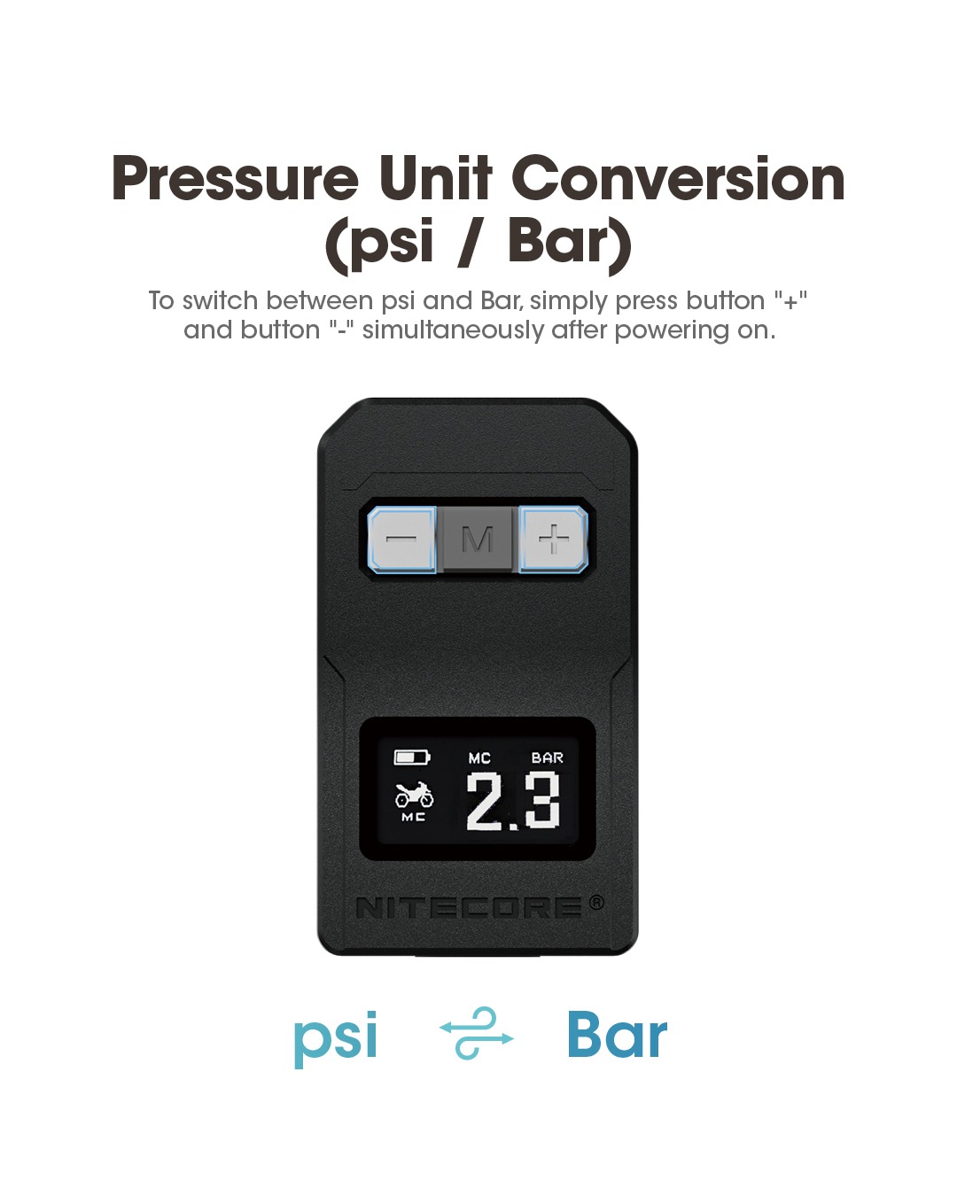 NITECORE EBP10 s prepínaním jednotiek psi a bar súčasným stlačením tlačidiel plus a mínus na hustilke