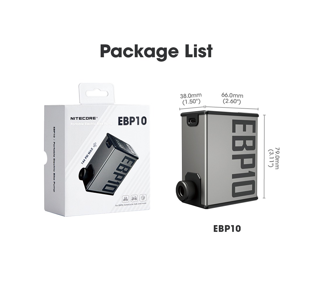 NITECORE EBP10 a jeho maloobchodná krabica s kótami 66 × 38 × 79 mm, obsah balenia elektrickej hustilky