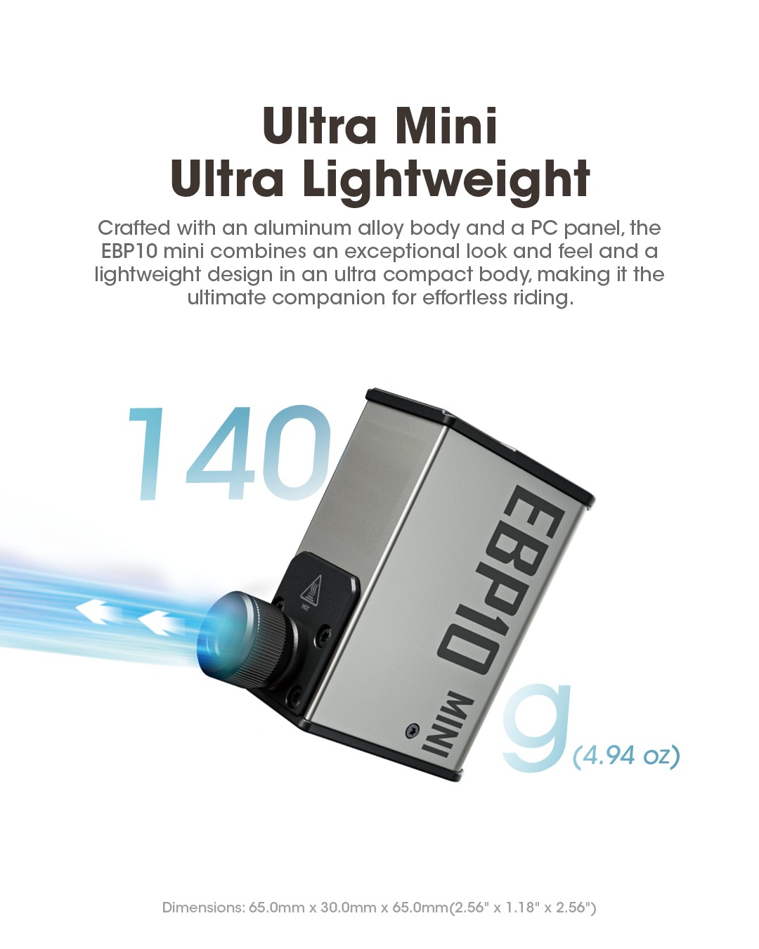 NITECORE EBP10 mini z profilu s hrúbkou 30 mm a hmotnosťou 140 g, hliníkové telo s výstražným symbolom HOT