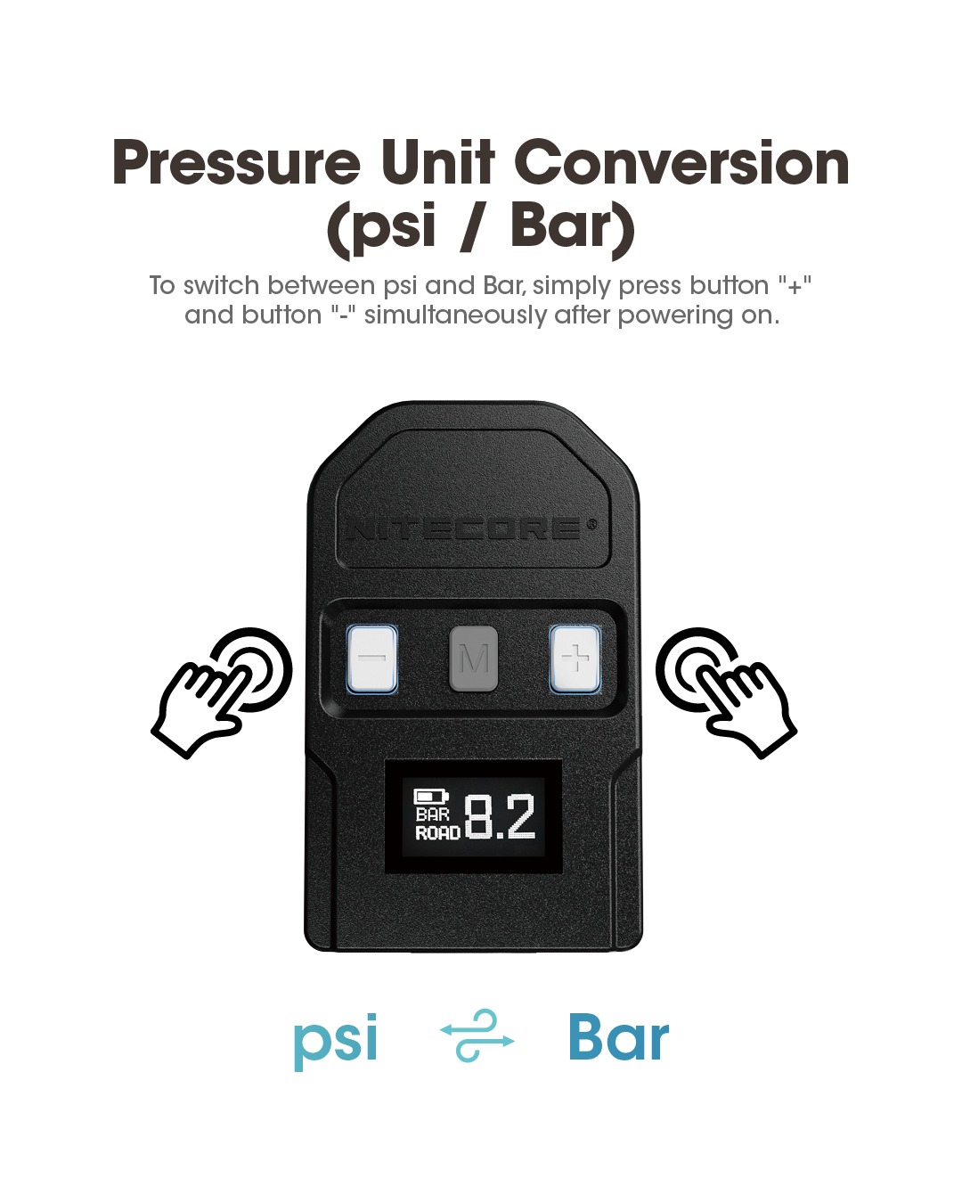 NITECORE EBP10 mini s prepínaním jednotiek psi a bar súčasným stlačením tlačidiel plus a mínus