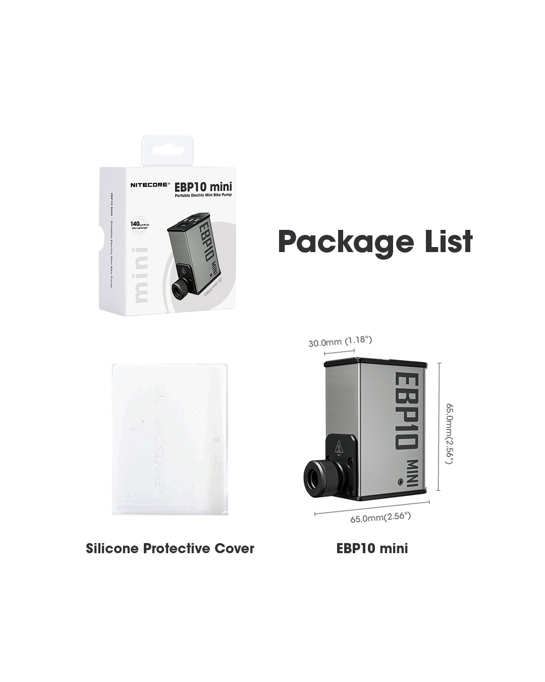 Obsah balenia NITECORE EBP10 mini — hustilka s kótami 65 × 30 × 65 mm, silikónový ochranný obal a krabica