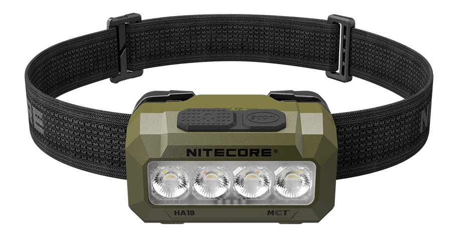 NITECORE HA19 RGB Hunter Green čelovka spredu – olivové telo, štyri MCT UHE LED a tmavá nenápadná čelenka