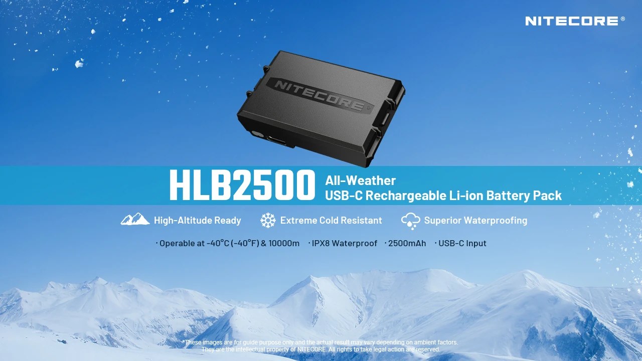 NITECORE HLB2500 All-Weather USB-C nabíjateľný Li-ion akumulátor 2500 mAh na pozadí zasnežených hôr